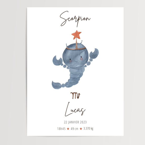 Poster personnalisé scorpion bleu-gris prénom naissance décoration chambre bébé