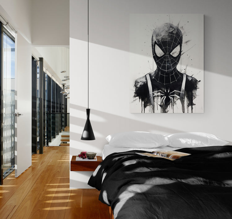 La chambre à coucher s'anime grâce à un tableau artistique de Spider-Man, mélangeant l'élégance du minimalisme avec la puissance du super-héros.