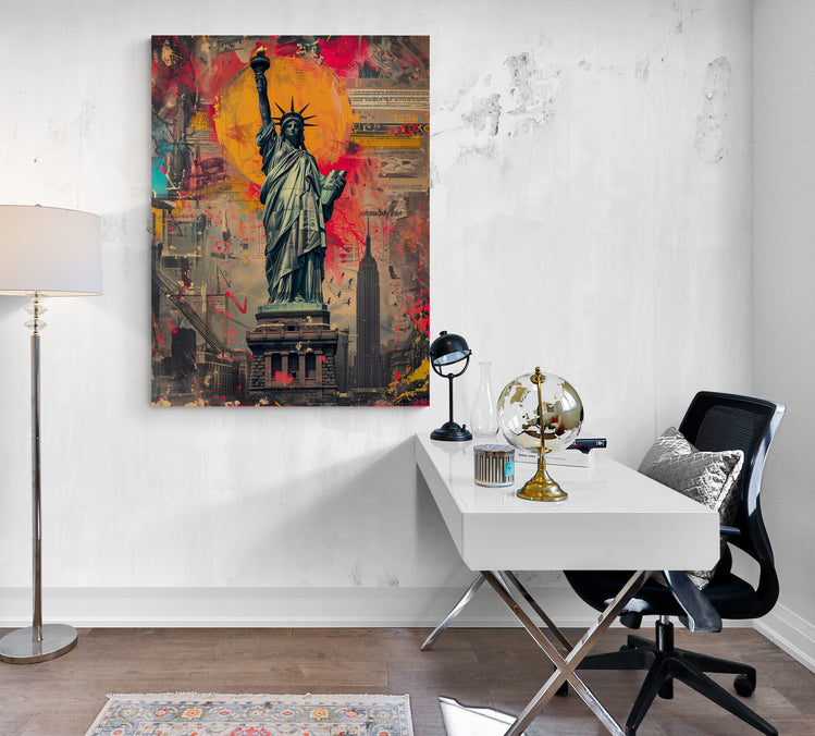 salle de travail, grand bureau blanc, globe terrestre décoratif, tapis , siège a roulette, coussin gris, lampe sur pied, affiche monument célèbre New York.