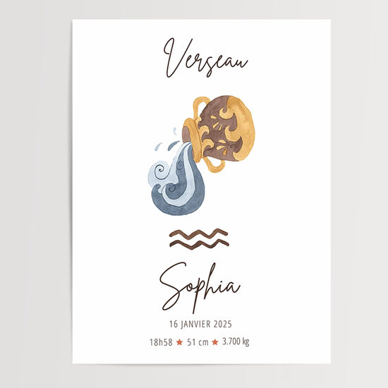 Personalized Aquarius print with gold amphora and blue water for baby nursery decor