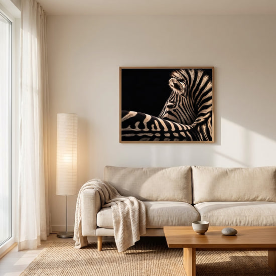 Poster & affiche zèbre rayures dorées fond noir décoration murale salon élégant style animalier