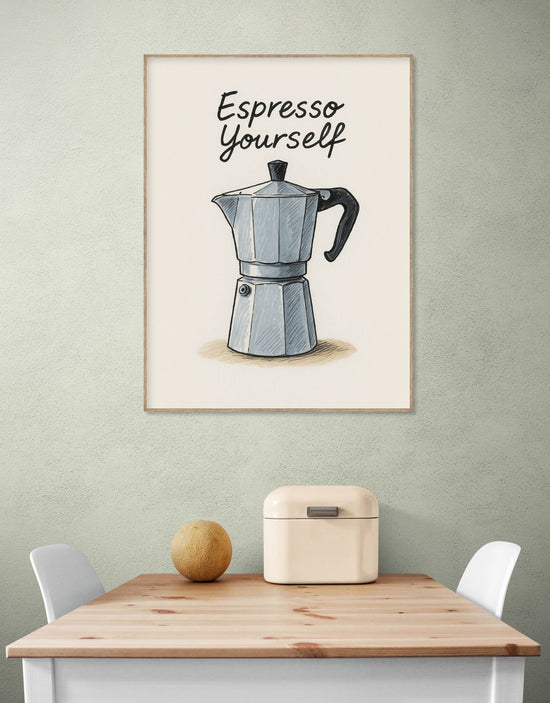 Humorous moka coffee maker poster in a bright, modern kitchen.