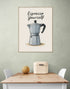 Humorous moka coffee maker poster in a bright, modern kitchen.
