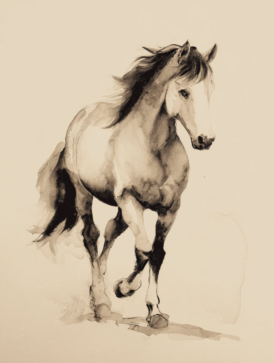Original Black and White Horse Watercolor Painting - Monochrome Momentum