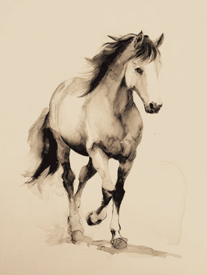Monochrome watercolor of a galloping horse, classic artistic style