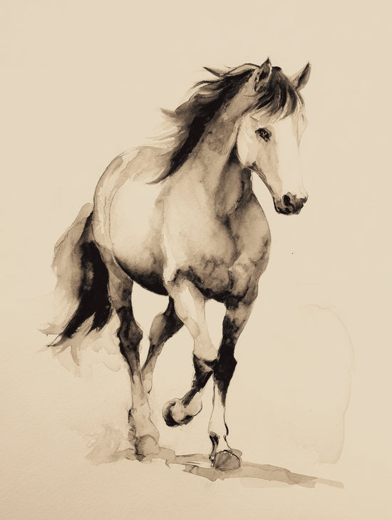 Monochrome watercolor of a galloping horse, classic artistic style