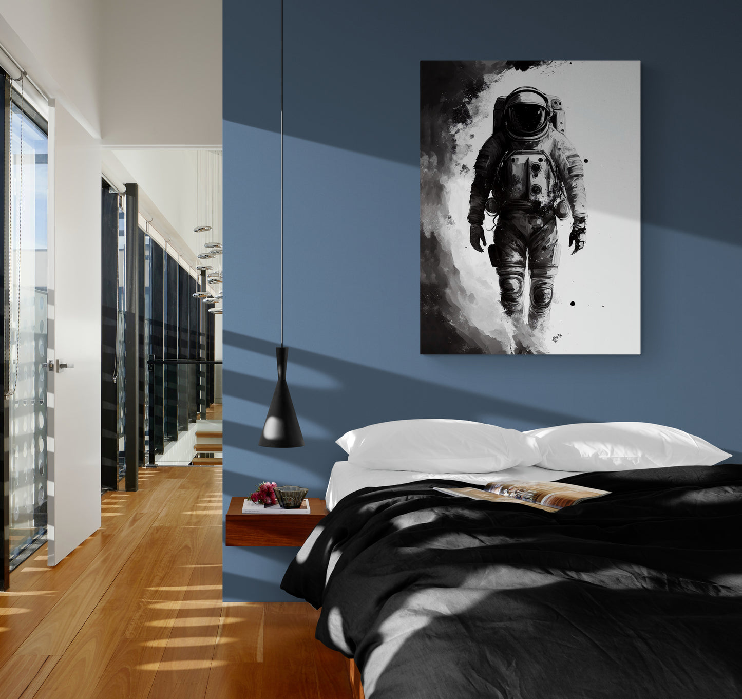 Décoration intérieure originale, contraste noir et blanc, illustration astronaute.