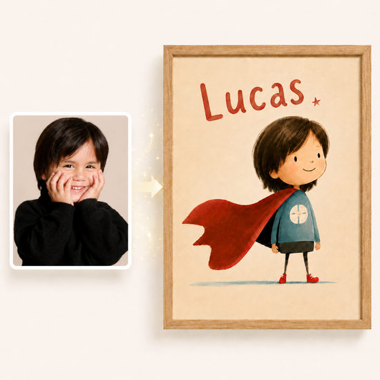 Poster personnalisé enfant super-héros avec prénom Lina cape rouge fond beige style aquarelle — avant / après : de la photo au tableau