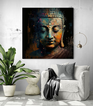 modern white living room with an XXL Buddha canvas
