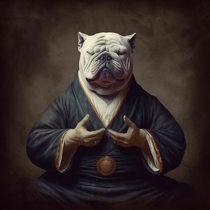Meditating bulldog painting, evoking tranquility and well-being.