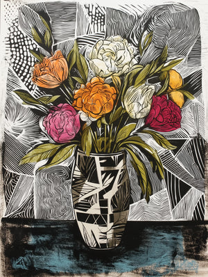 Bouquet of colorful flowers in a geometric vase, abstract background in black and white, graphic style