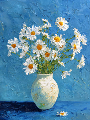 Bouquet de marguerites dans un vase, style impressionniste sur fond bleu apaisant