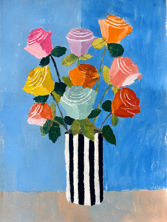 Naive style painting of a colorful rose bouquet in a striped vase on a vibrant blue background
