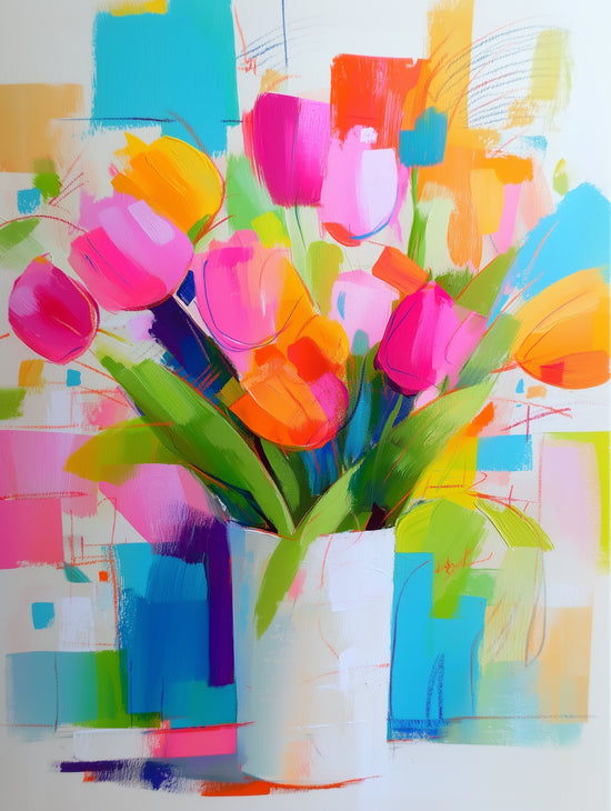 Modern abstract style colorful bouquet of vivid tulips, spring-like and energetic atmosphere