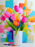 Modern abstract style colorful bouquet of vivid tulips, spring-like and energetic atmosphere