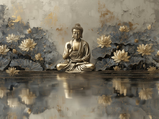 Statue de Bouddha dorée entourée de fleurs de lotus stylisées bleues, ambiance zen et apaisante
