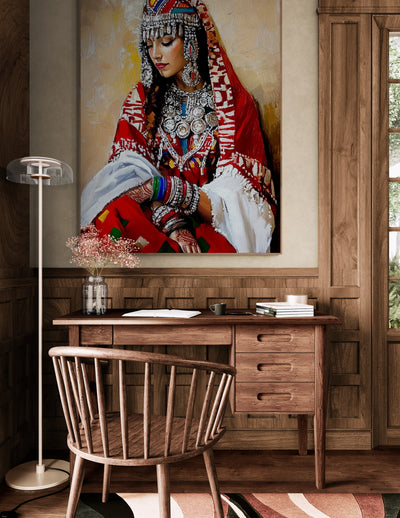 Bureau élégant en bois massif dans une pièce à la décoration chaleureuse, avec un tableau vibrant représentant une femme berbère en tenue traditionnelle rouge, richement ornée de bijoux. L’ensemble crée une ambiance à la fois studieuse, authentique et inspirée de l’art et de la culture amazighe.