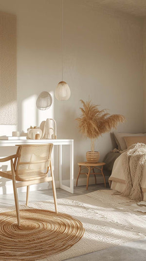 This naturally lit room embraces a zen and minimalist style. It features a sleek white desk paired with a light wood chair. The ensemble is harmonized by beige and natural tones, with a woven fiber rug, paper lanterns, and a bouquet of dried grasses adding an organic touch.