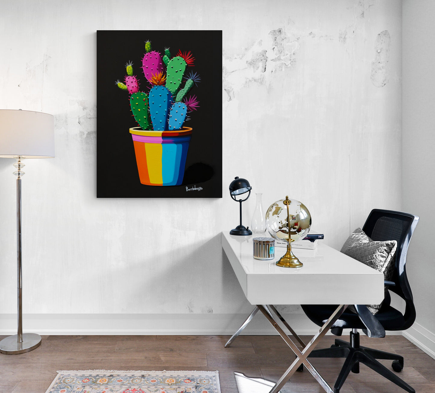 "Bureau design embelli par le tableau cactus, fusion parfaite de modernité et d'énergie créative