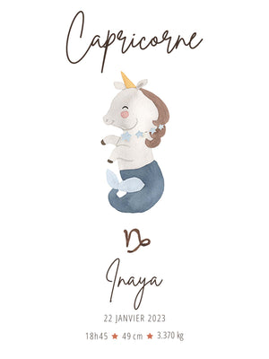 A cute unicorn illustration with stars around its neck. The text "Capricorn" is written above, with the name "Inaya" and birth details: date, time, size, and weight below. This image evokes the magic and determination associated with the Capricorn sign.