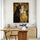 Klimt inspired cat illustration above a long natural wood sideboard in a modern office; two cats in an affectionate embrace; calming, elegant wall decor
