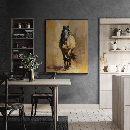 Beige horse frame on a golden background in a modern dining room with dark walls.