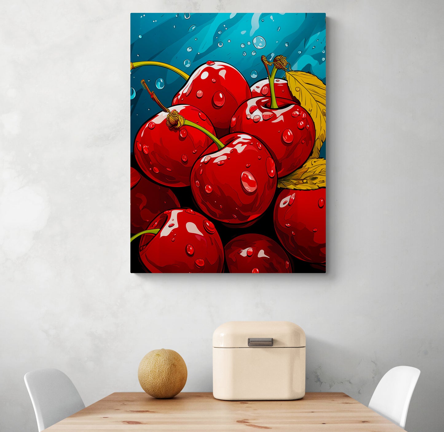 tableau déco cuisine avec fruit rouge cerises gourmande dans une cuisine blanche