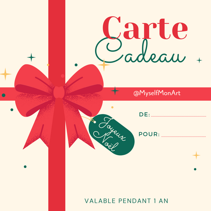 Carte cadeau festive sur fond beige, ornée d’un large nœud rouge en forme de ruban, avec les mots “Carte Cadeau” en haut à droite et un tag vert inscrit “Joyeux Noël”. Deux champs à remplir “De” et “Pour” sont visibles, ainsi qu’une mention “Valable pendant 1 an”. L’ambiance évoque l’esprit de Noël.