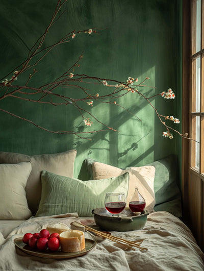 Cozy corner with a natural and warm ambiance: textured sage green wall, flowering branch as wall decoration, beige and green cushions, cheese platter, fruits, and glasses of red wine. Natural light streams through the wooden window, creating an intimate and soothing atmosphere