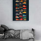 Tableau de sneakers Nike colorées au-dessus du lit dans une chambre d'adolescent.