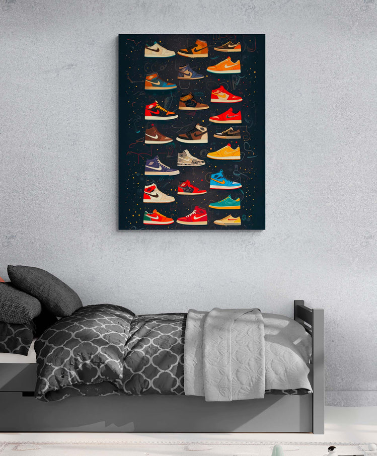 Tableau de sneakers Nike colorées au-dessus du lit dans une chambre d'adolescent.