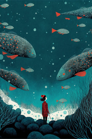 Ocean-themed wall art for kids - poetic illustration of underwater life with a young girl contemplating the depths