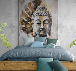 zen bedroom with a raw wood bed, calming blue bed linen, and green and blue cushions. Above the bed, a large painting of Buddha in golden and white tones adds a spiritual and harmonious touch to the room. Green plants as decoration for a natural and relaxing atmosphere