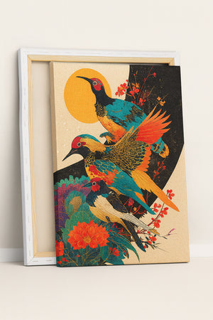 Tableau décoratif représentant trois oiseaux aux plumes colorées bleu, rouge, jaune et orange, perchés et en vol au milieu de fleurs vives et d’un grand soleil doré en arrière-plan, imprimé sur toile tendue avec châssis en bois.