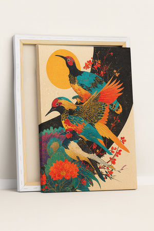 Decorative painting of three birds with colorful blue, red, yellow, and orange feathers, perched and flying among bright flowers and a large golden sun in the background, printed on stretched canvas with a wooden frame.