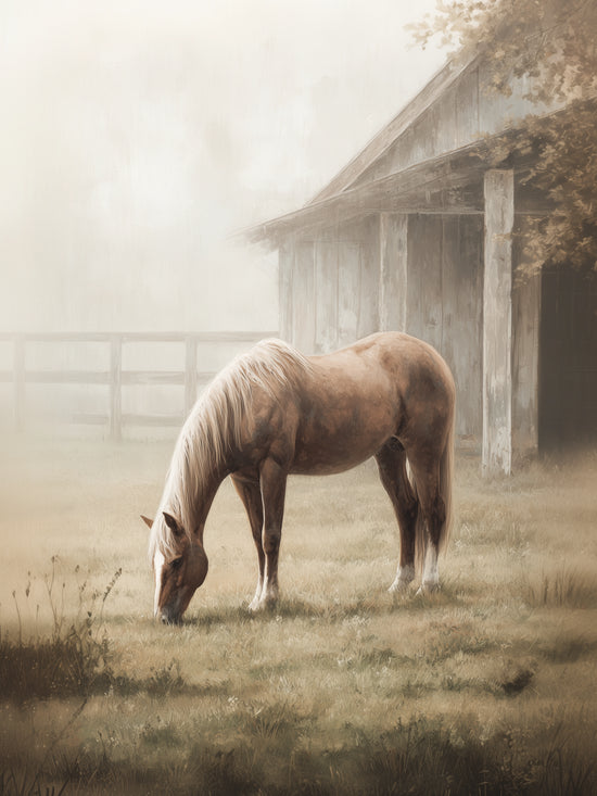 Beige horse grazing near a wooden barn, calming countryside ambiance