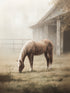 Beige horse grazing near a wooden barn, calming countryside ambiance