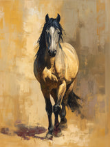 Cheval majestueux sur fond abstrait aux tons chauds, style impressionniste