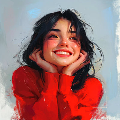 happy and smiling customer in painting wearing a bright red sweater