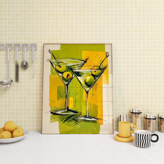 Colorful artwork featuring two martini glasses with green olives, perfect for creating a welcoming kitchen environment.