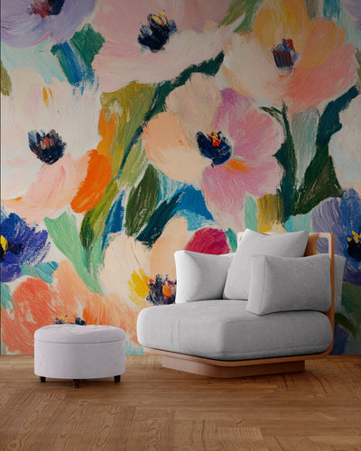 Close-up of a tapestry showcasing a multitude of brightly colored flowers: soft pink, violet, yellow, blue, and orange. The painterly style resembles thick brushstrokes of an oil painting, creating a vibrant and joyful effect.