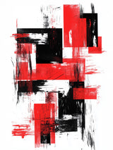 Œuvre abstraite sur fond blanc, composée de rectangles rouges et noirs superposés avec des effets de grattage. Style brut, dynamique, sans encadrement ni éléments décoratifs autour.