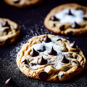 sur un fond noir une photo zoomée de cookies aux pépites de chocolats