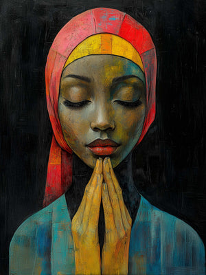 Portrait of a woman with closed eyes, hands together, wearing a red and yellow headwrap. The painting style enhances the textures. Dark background highlights the facial hues and wrap, creating a soothing and captivating effect.