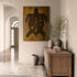 Elegant entryway in taupe tones with an XXL turtle canvas near a wooden sideboard with earthenware jars and vases.
