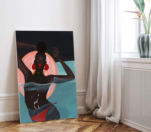 Vibrant artistic painting of a Black woman in the water, featuring large red earrings, an updo hairstyle, and glasses, against a light wall near a window with flowing curtains. In the background, an orange halo suggests a stylized sunset.