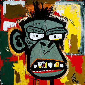 Portrait coloré et expressif d’un singe au style street art sur fond de taches jaunes, rouges et vertes. L’œuvre mêle humour et rebellion avec une palette vive sur un fond brut