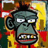 Portrait coloré et expressif d’un singe au style street art sur fond de taches jaunes, rouges et vertes. L’œuvre mêle humour et rebellion avec une palette vive sur un fond brut