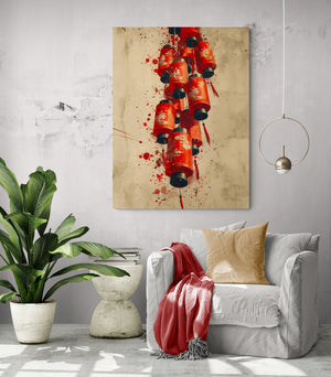 Asian red lanterns canvas in a modern and bright living room