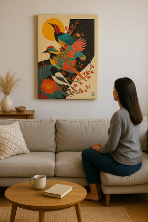 Décoration murale représentant un tableau japonais avec trois oiseaux aux plumes colorées et un grand soleil doré, accroché au-dessus d’un canapé beige dans un salon moderne et minimaliste.